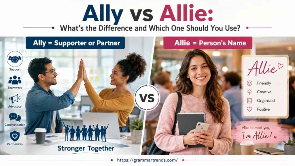 “Educational comparison image showing Ally as a supporter or partner and Allie as a female personal name.”