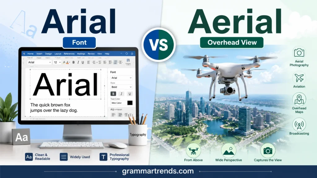 Modern comparison illustration of Arial font versus aerial photography showing a computer typography screen on one side and a drone capturing an overhead city view on the other.