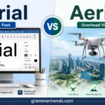 Modern comparison illustration of Arial font versus aerial photography showing a computer typography screen on one side and a drone capturing an overhead city view on the other.