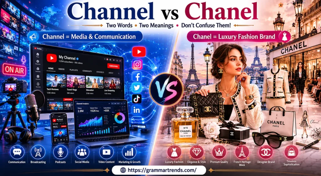 “Comparison illustration showing Channel as media communication platforms and Chanel as a luxury fashion brand with handbags and perfume.”