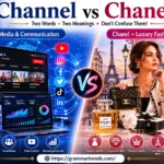 “Comparison illustration showing Channel as media communication platforms and Chanel as a luxury fashion brand with handbags and perfume.”