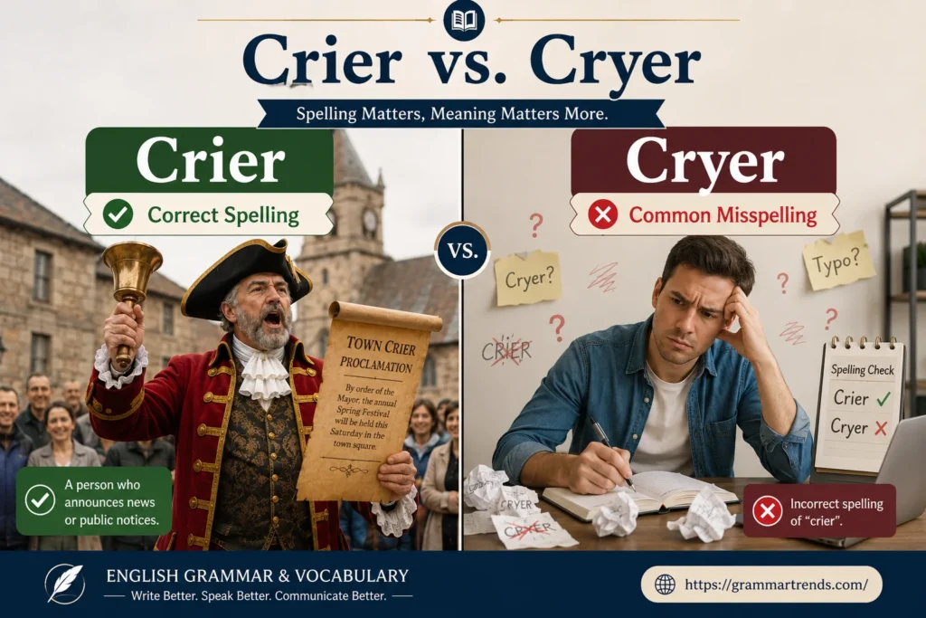 Illustration comparing Crier vs Cryer with a medieval town crier announcing news and the incorrect spelling highlighted.
