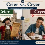 Illustration comparing Crier vs Cryer with a medieval town crier announcing news and the incorrect spelling highlighted.