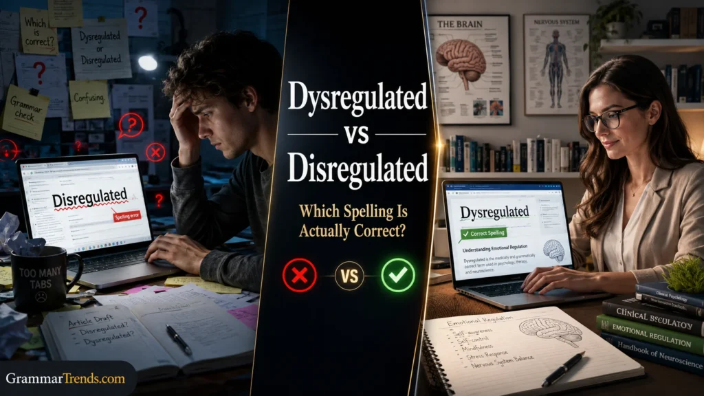 Split-screen educational image comparing the incorrect spelling “Disregulated” with the correct spelling “Dysregulated” in a psychology and professional writing setting.