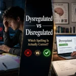 Split-screen educational image comparing the incorrect spelling “Disregulated” with the correct spelling “Dysregulated” in a psychology and professional writing setting.