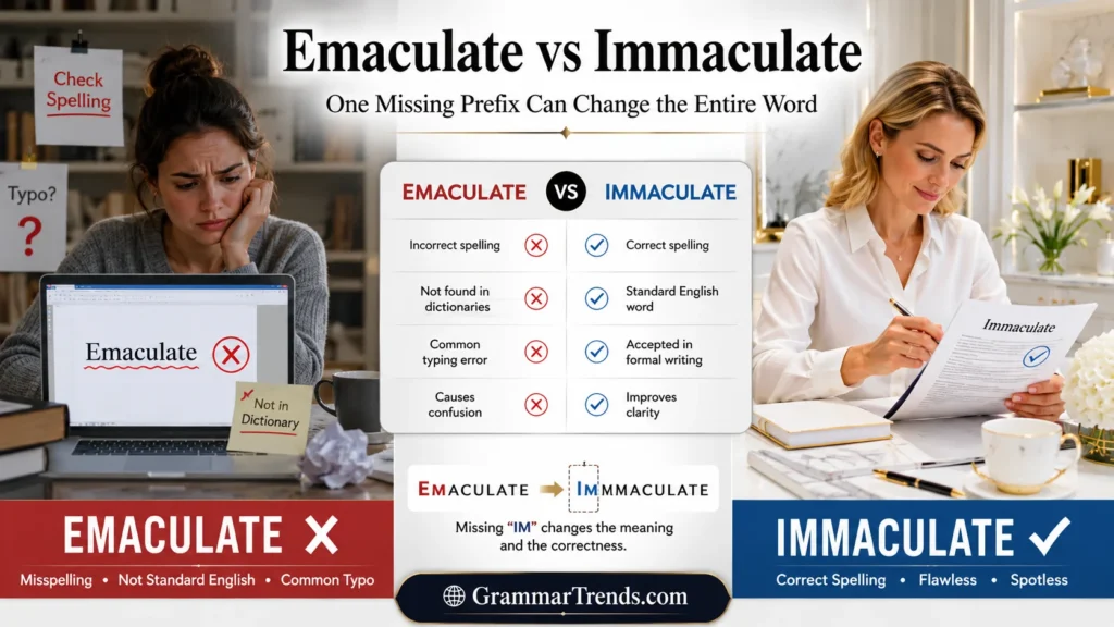 Split-screen grammar illustration showing the misspelled word Emaculate marked with editing corrections on one side and the correctly spelled word Immaculate beside a pristine, spotless environment on the other.