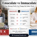 Split-screen grammar illustration showing the misspelled word Emaculate marked with editing corrections on one side and the correctly spelled word Immaculate beside a pristine, spotless environment on the other.