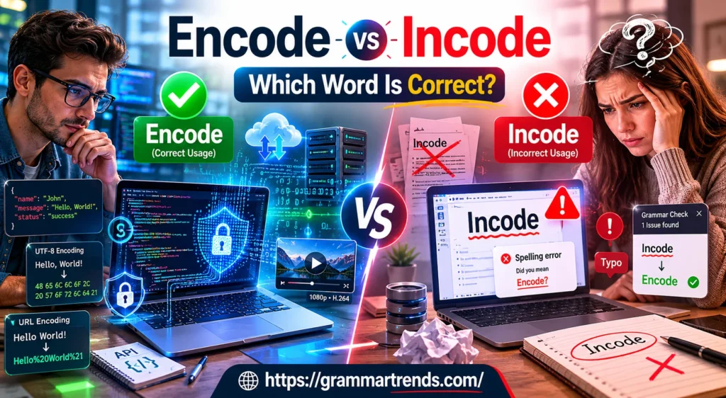 Realistic educational comparison image showing Encode vs Incode with a programmer using encoding technology on one side and a spelling mistake warning for Incode on the other, branded with GrammarTrends.com.