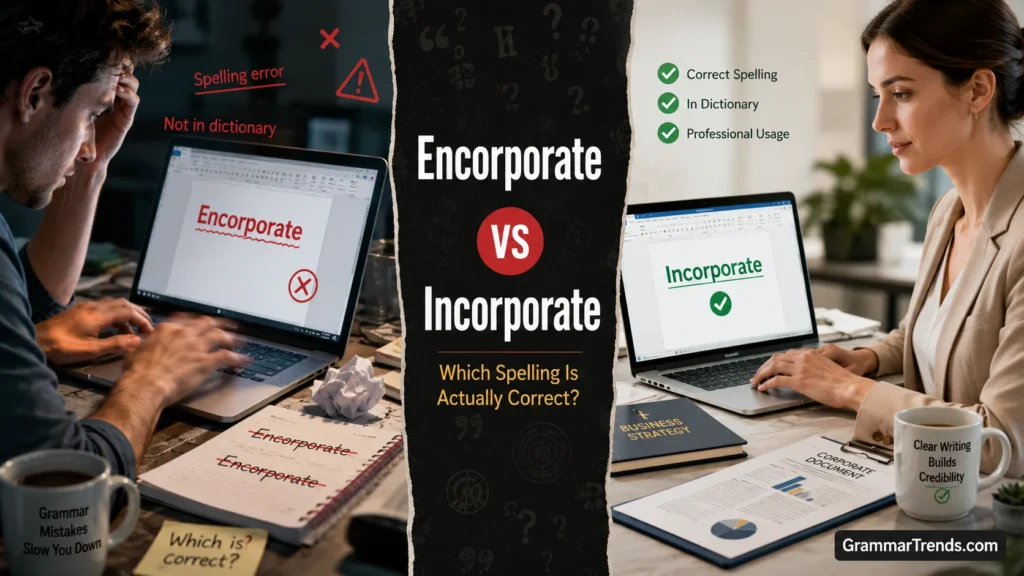 Split-screen educational image comparing the incorrect spelling “Encorporate” with the correct spelling “Incorporate” in a professional writing and business setting.
