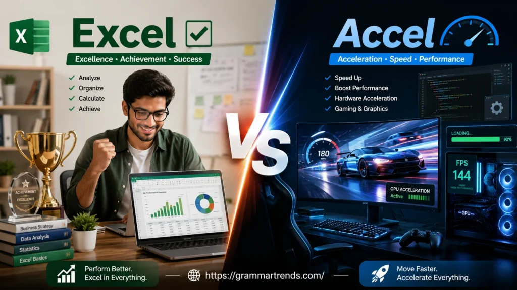 Split-screen educational illustration comparing Excel vs Accel, showing business achievement and technology acceleration concepts with realistic modern visuals for Grammar Trends.