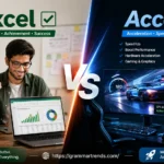 Split-screen educational illustration comparing Excel vs Accel, showing business achievement and technology acceleration concepts with realistic modern visuals for Grammar Trends.