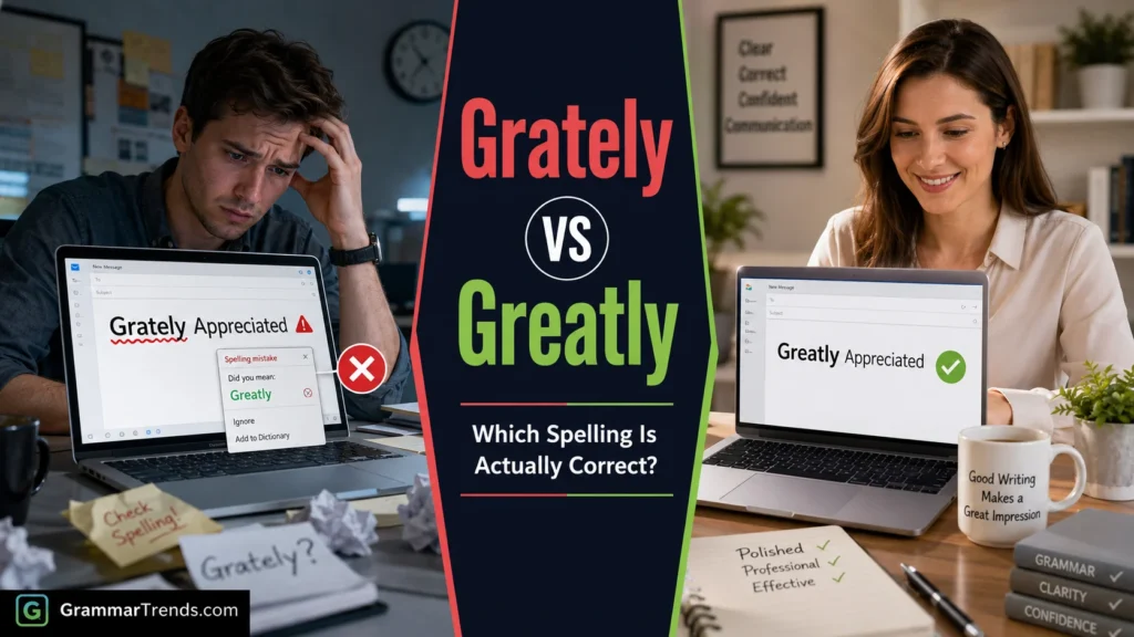 Split-screen educational image comparing the incorrect spelling “Grately” with the correct spelling “Greatly” in a professional writing and email communication setting.