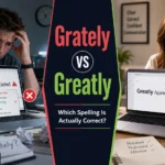 Split-screen educational image comparing the incorrect spelling “Grately” with the correct spelling “Greatly” in a professional writing and email communication setting.