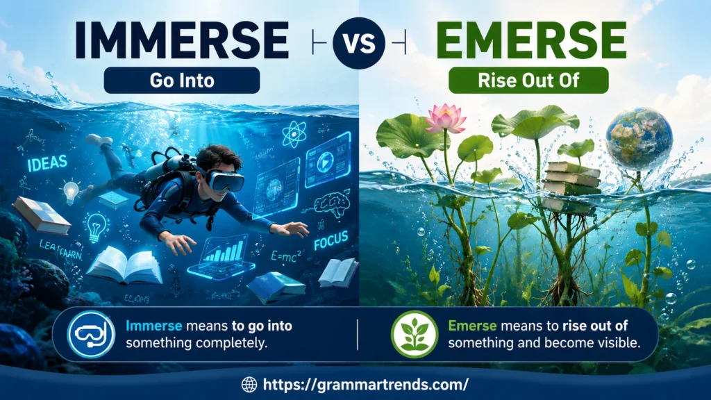 Educational graphic showing the difference between immerse and emerse with underwater immersion and aquatic plants rising above water.