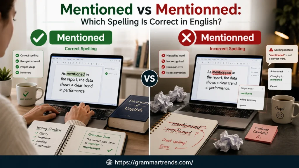 “Educational comparison image showing Mentioned as the correct English spelling and Mentionned as an incorrect typo.”