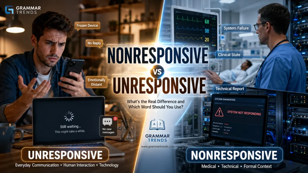 Split-screen educational image comparing unresponsive everyday situations with nonresponsive technical and medical contexts for an English grammar article.