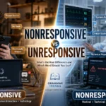 Split-screen educational image comparing unresponsive everyday situations with nonresponsive technical and medical contexts for an English grammar article.