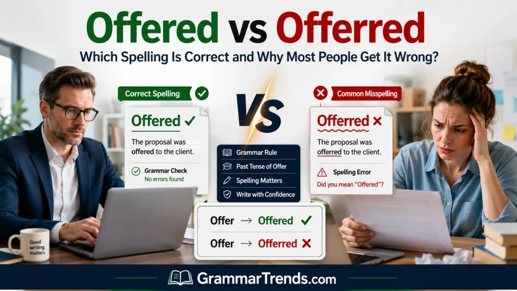 Side-by-side comparison showing the correct spelling “Offered” and the incorrect spelling “Offerred” with proofreading and grammar correction elements.
