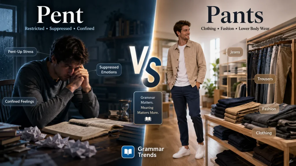 Split-screen educational image comparing pent-up emotions on one side and fashionable pants clothing on the other for an English grammar article.