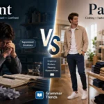 Split-screen educational image comparing pent-up emotions on one side and fashionable pants clothing on the other for an English grammar article.