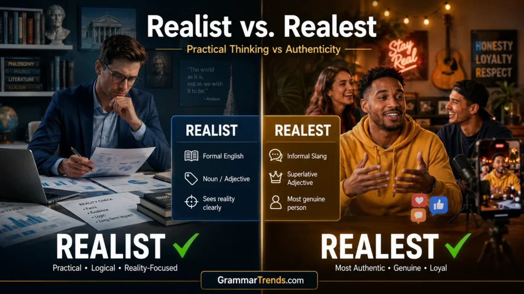 Split-screen illustration showing a realist analyzing facts and plans on one side and a genuine, authentic person representing the meaning of realest on the other, highlighting the difference between the two words.