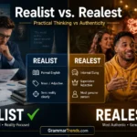 Split-screen illustration showing a realist analyzing facts and plans on one side and a genuine, authentic person representing the meaning of realest on the other, highlighting the difference between the two words.