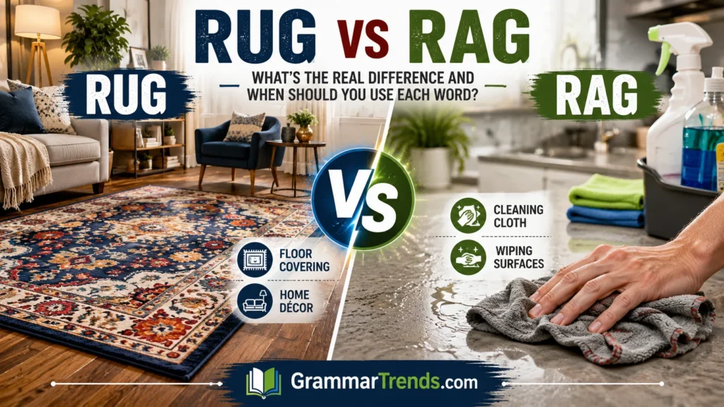 Side-by-side comparison of a decorative living room rug and a cleaning rag being used to wipe a surface, illustrating the difference between Rug and Rag in English.