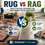 Side-by-side comparison of a decorative living room rug and a cleaning rag being used to wipe a surface, illustrating the difference between Rug and Rag in English.
