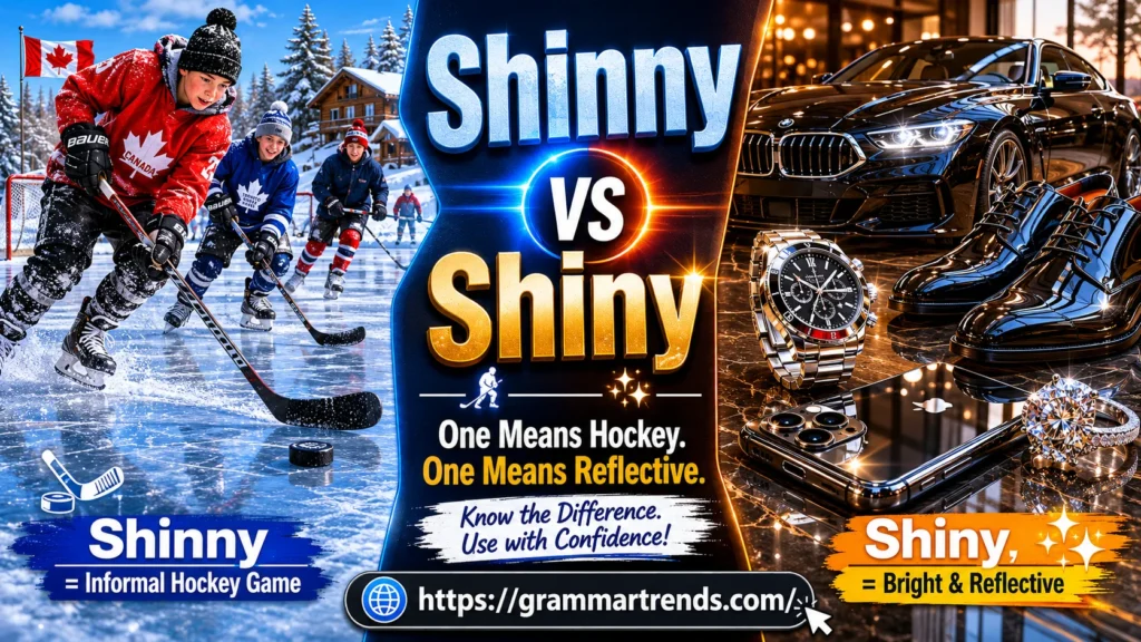 Split-screen educational image showing kids playing shinny hockey on a frozen pond beside shiny reflective objects like polished shoes, jewelry, and glossy surfaces with the title “Shinny vs Shiny”.