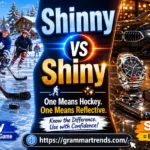 Split-screen educational image showing kids playing shinny hockey on a frozen pond beside shiny reflective objects like polished shoes, jewelry, and glossy surfaces with the title “Shinny vs Shiny”.