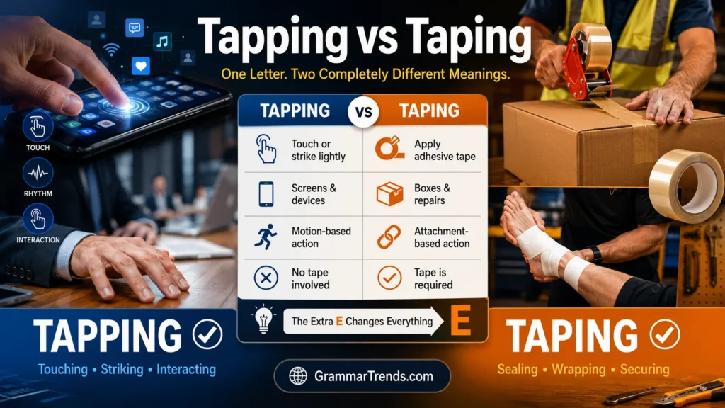 Side-by-side comparison showing a person tapping a smartphone screen and another person using adhesive tape to seal a package, illustrating the difference between tapping and taping.