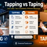 Side-by-side comparison showing a person tapping a smartphone screen and another person using adhesive tape to seal a package, illustrating the difference between tapping and taping.