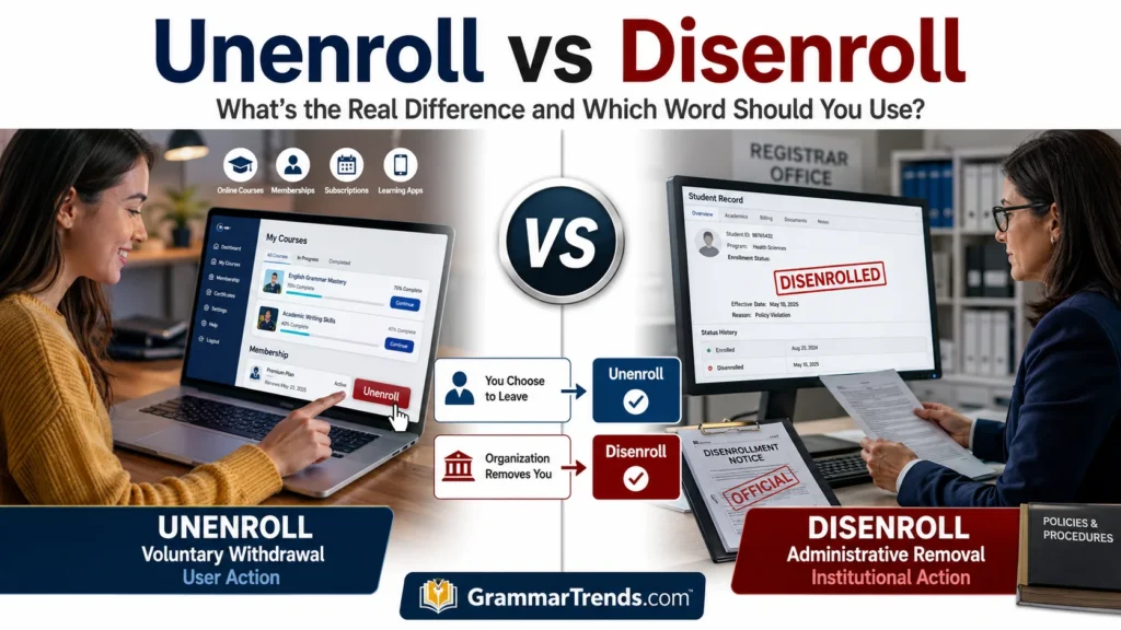 Side-by-side comparison showing a user voluntarily unenrolling from an online course and an institution officially disenrolling a participant from a program.
