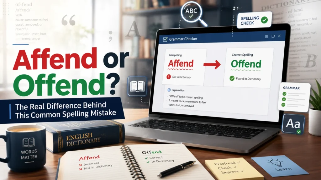 Feature image comparing the incorrect spelling "Affend" with the correct word "Offend" using a grammar checker on a laptop in a modern workspace.