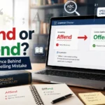 Feature image comparing the incorrect spelling "Affend" with the correct word "Offend" using a grammar checker on a laptop in a modern workspace.