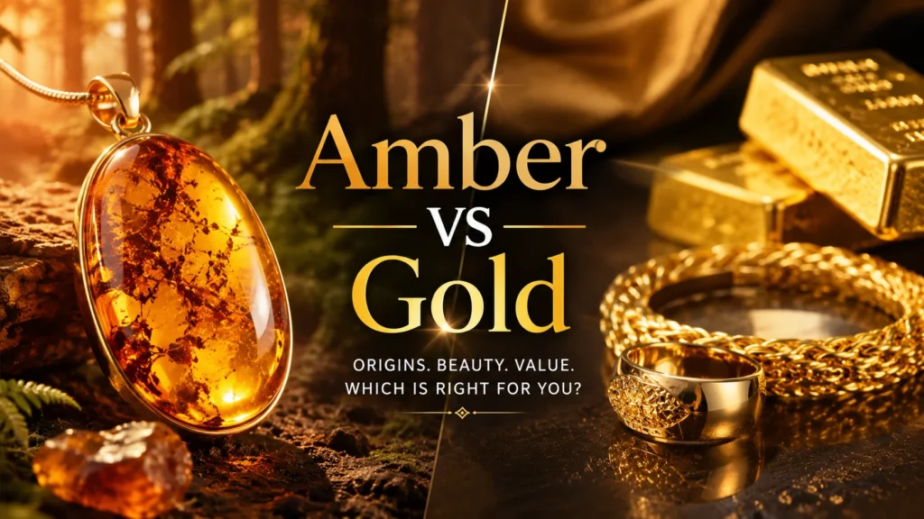 Amber vs Gold comparison image featuring glowing amber resin on one side and shiny gold jewelry on the other, illustrating differences in appearance, material type, and value.