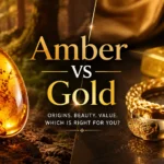 Amber vs Gold comparison image featuring glowing amber resin on one side and shiny gold jewelry on the other, illustrating differences in appearance, material type, and value.