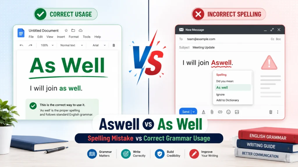Split-screen grammar comparison showing “As Well” as the correct spelling with a clean writing interface and green check mark, and “Aswell” as an incorrect spelling highlighted with a red error indicator and autocorrect suggestion.