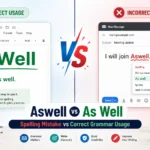 Split-screen grammar comparison showing “As Well” as the correct spelling with a clean writing interface and green check mark, and “Aswell” as an incorrect spelling highlighted with a red error indicator and autocorrect suggestion.