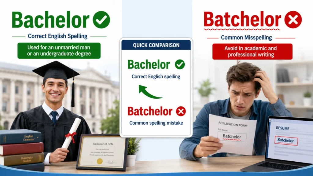 Bachelor vs Batchelor comparison showing Bachelor as the correct English spelling and Batchelor as a common misspelling for grammar learners.