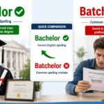 Bachelor vs Batchelor comparison showing Bachelor as the correct English spelling and Batchelor as a common misspelling for grammar learners.