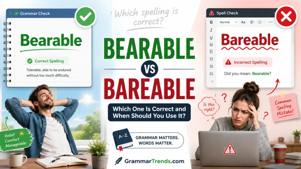 Split-screen illustration showing “Bearable” marked correct with a green check and a relieved situation, and “Bareable” marked incorrect with a red cross and grammar error indicators, explaining the correct spelling usage.