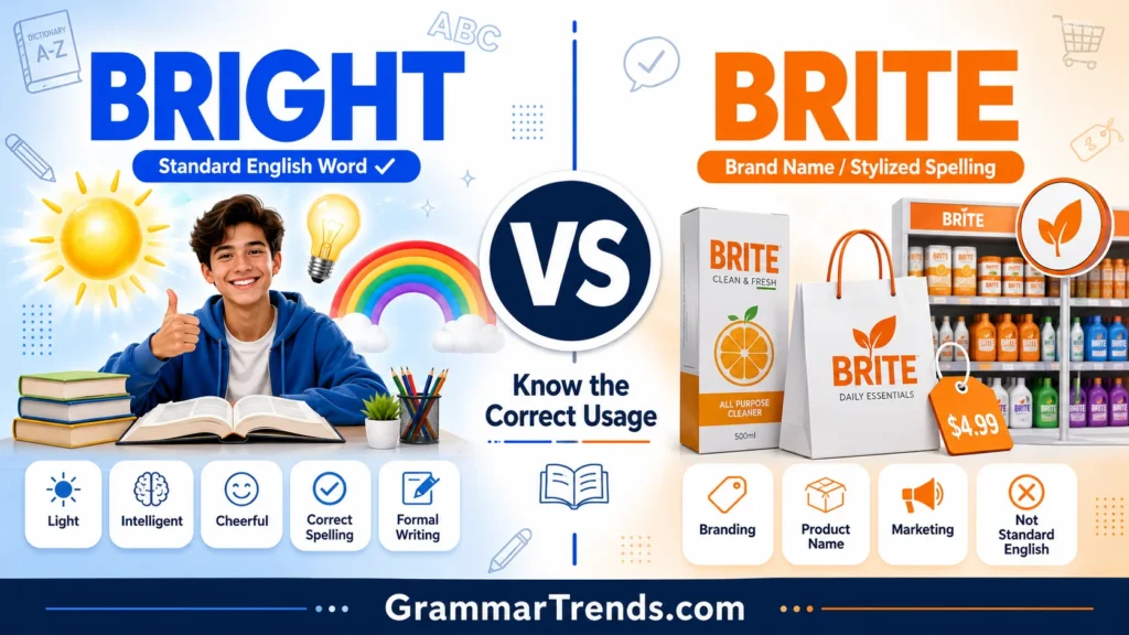 Featured image comparing Bright vs Brite, explaining that Bright is the correct English spelling while Brite is mainly used in brand names and marketing.