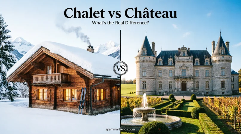 Feature image comparing a cozy wooden chalet in the snowy Swiss Alps with a grand French chateau surrounded by vineyards and formal gardens, illustrating the differences between Chalet vs Chateau.