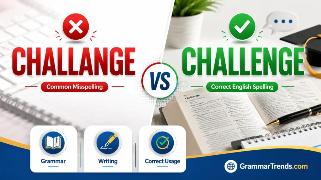 Challange vs Challenge comparison image showing Challange as an incorrect spelling and Challenge as the correct English word with grammar and writing icons.
