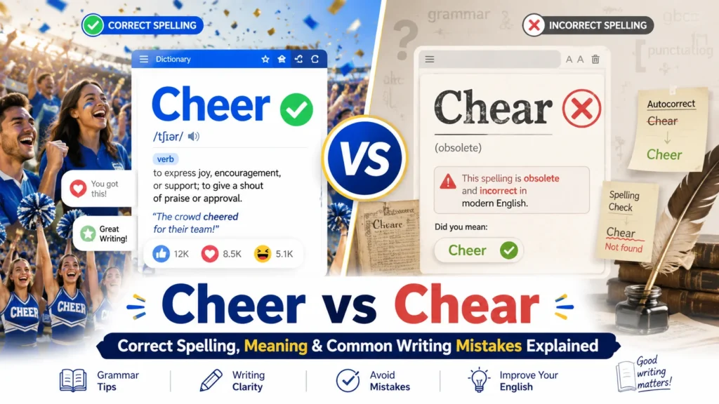 Split-screen comparison showing “Cheer” as the correct modern spelling meaning joy and encouragement, and “Chear” as an outdated or incorrect spelling.