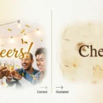 Split-screen educational banner showing “Cheers” as a modern celebration toast on the left and “Chear” as an outdated dictionary spelling on the right.