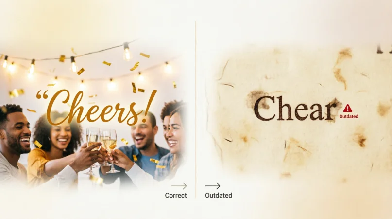 Split-screen educational banner showing “Cheers” as a modern celebration toast on the left and “Chear” as an outdated dictionary spelling on the right.