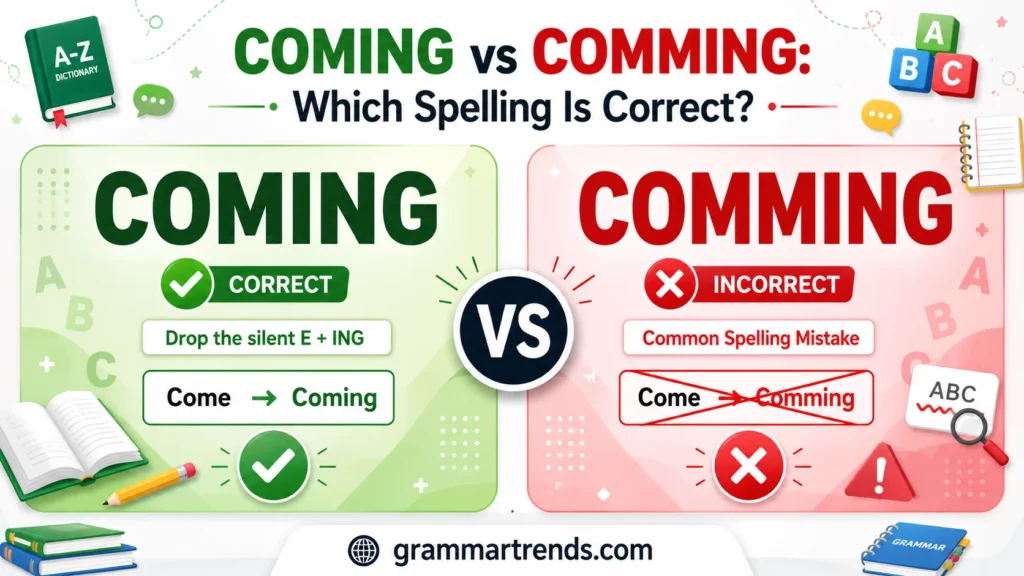 Coming vs Comming comparison image showing Coming as the correct spelling and Comming as an incorrect English spelling with grammar rule illustration.