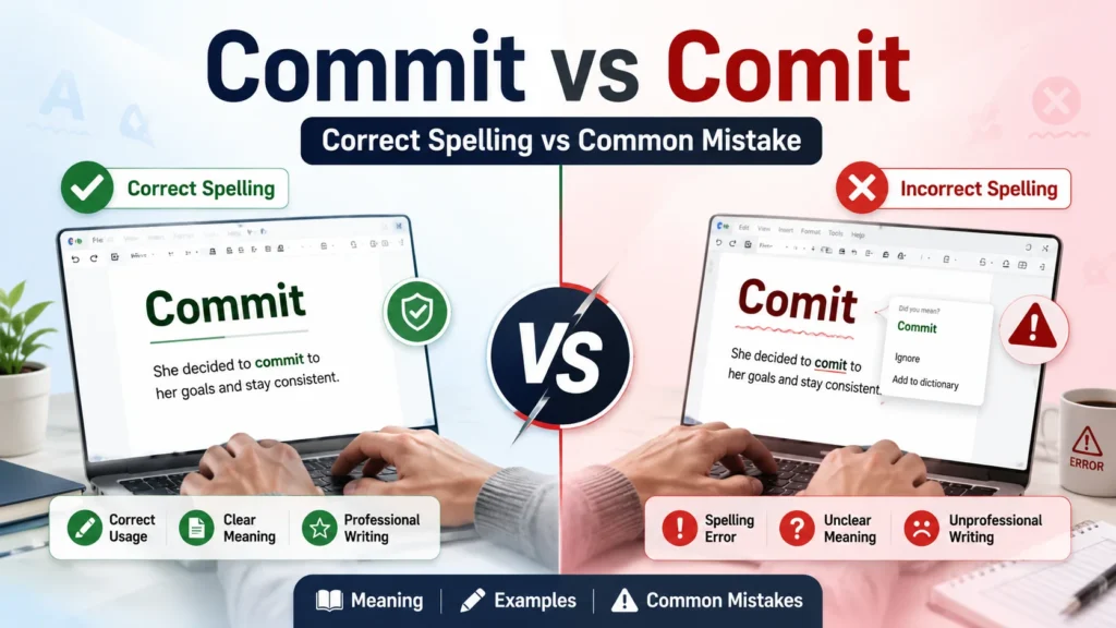 Split-screen educational image showing “Commit” as the correct spelling with a clean writing interface and green check mark, and “Comit” as a misspelling highlighted with a red error indicator, illustrating correct vs incorrect usage.
